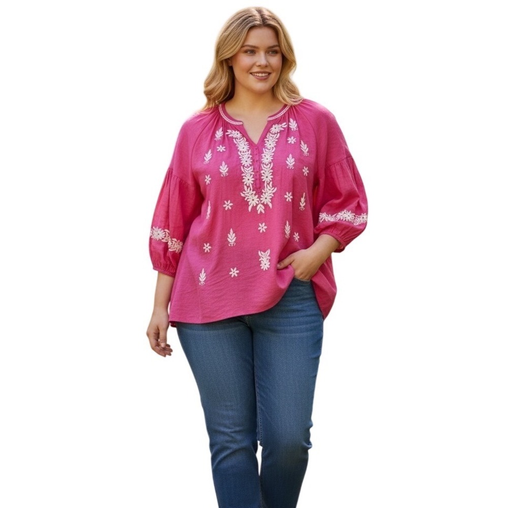 Calessa‎ Womens 3X Pink Embroidered Split Neck Tunic NWT